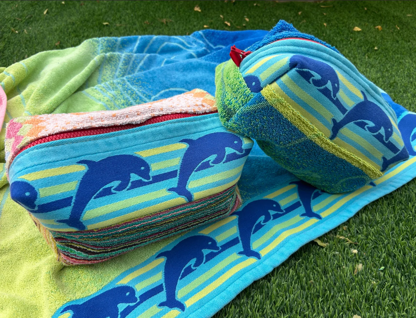 The Dolphin Pouch, made from a beach towel