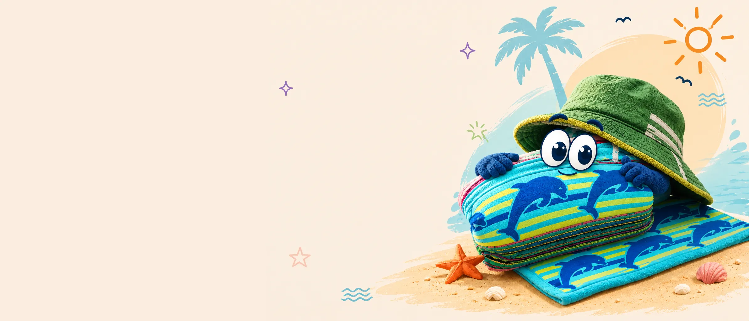 A XUGA bucket hat on a stack of folded dolphin-print beach towels, with a friendly pair of eyes peeking out, on a sunny beach